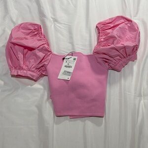 ZARA pink poplin puff sleeve ribbed cropped top with poplin bow on back